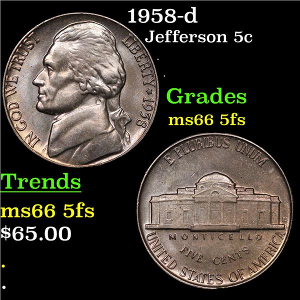 1958-d Jefferson Nickel 5c Grades GEM+ 5fs