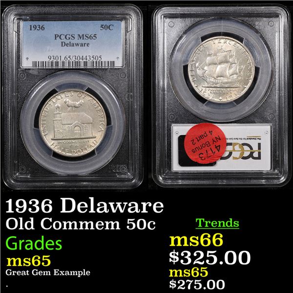 PCGS 1936 Delaware Old Commem Half Dollar 50c Graded ms65 By PCGS