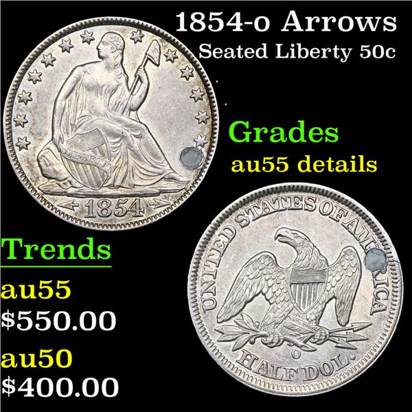 1854-o Arrows Seated Half Dollar 50c Grades au details