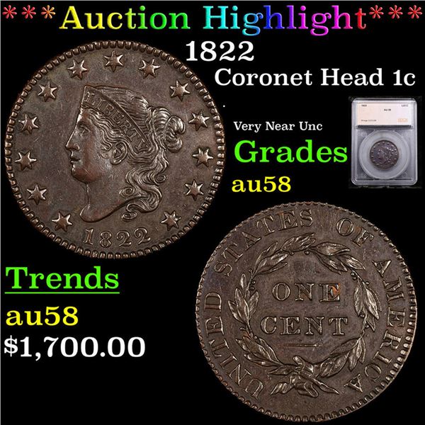***Auction Highlight*** 1822 Coronet Head Large Cent 1c Graded au58 By SEGS (fc)