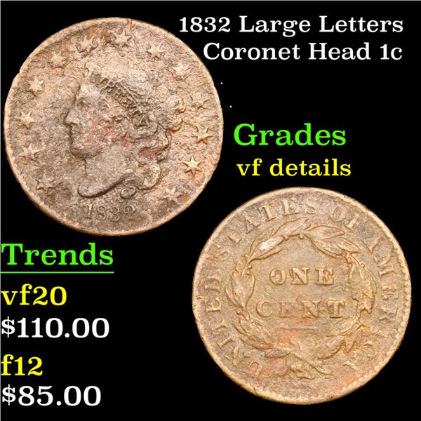 1832 Large Letters Coronet Head Large Cent 1c Grades vf details
