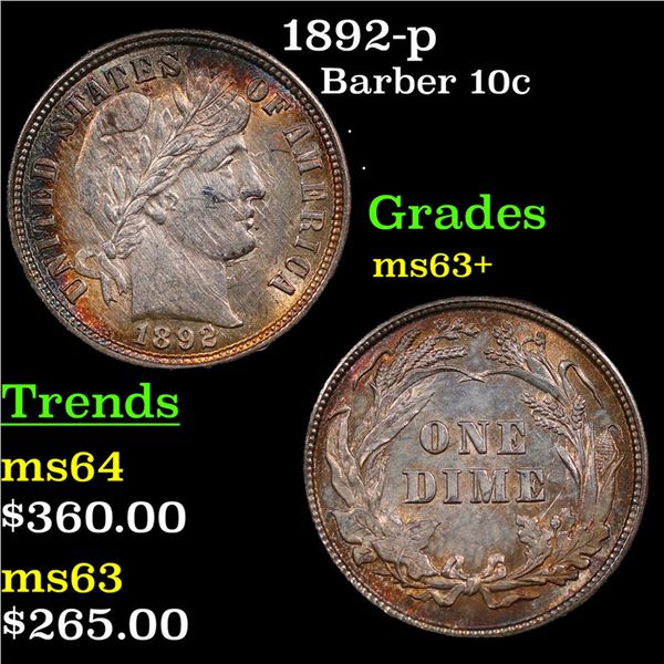 1892-p Barber Dime 10c Grades Select+ Unc