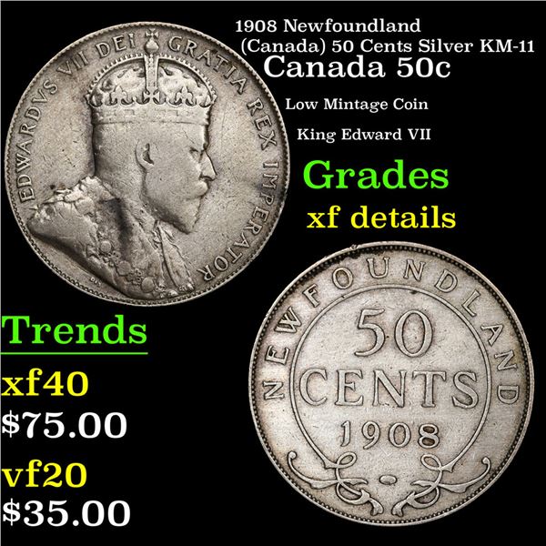 1908 Newfoundland (Canada) 50 Cents Silver KM-11 Grades xf details