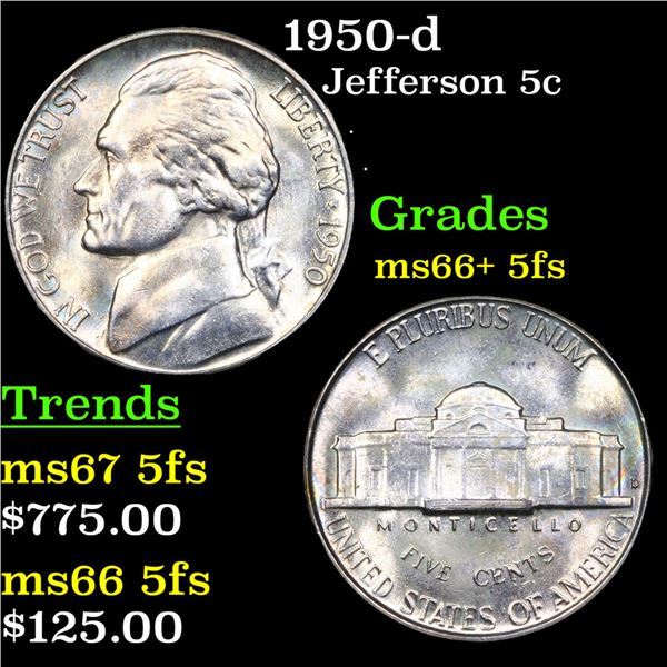1950-d Jefferson Nickel 5c Grades GEM++ 5fs