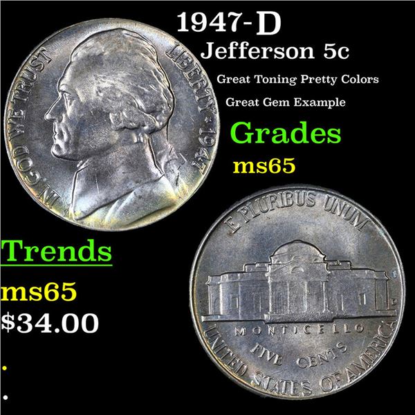 1947-d Jefferson Nickel 5c Grades GEM Unc