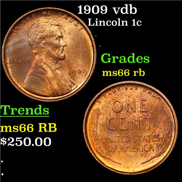 1909 vdb Lincoln Cent 1c Grades GEM+ Unc RB