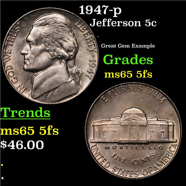 1947-p Jefferson Nickel 5c Grades GEM 5fs