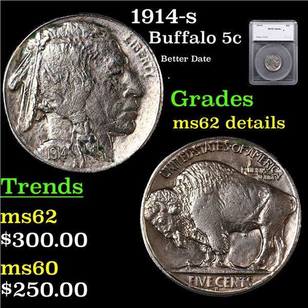 1914-s Buffalo Nickel 5c Graded ms62 details By SEGS