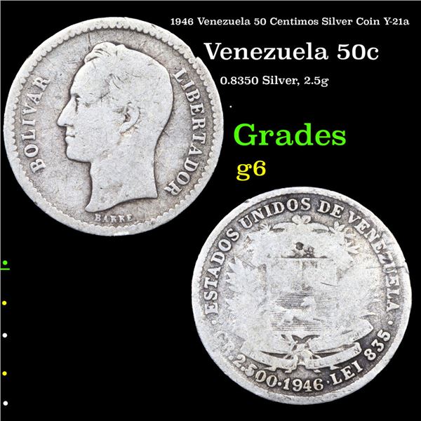 1946 Venezuela 50 Centimos Silver Coin Y-21a Grades g+