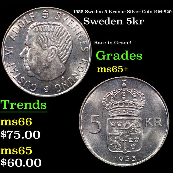 1955 Sweden 5 Kronor Silver Coin KM-829 Grades GEM+ Unc