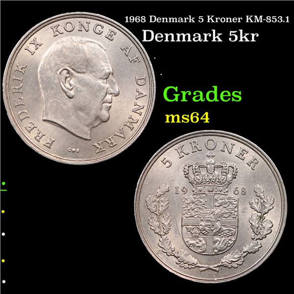 1968 Denmark 5 Kroner KM-853.1 Grades Choice Unc