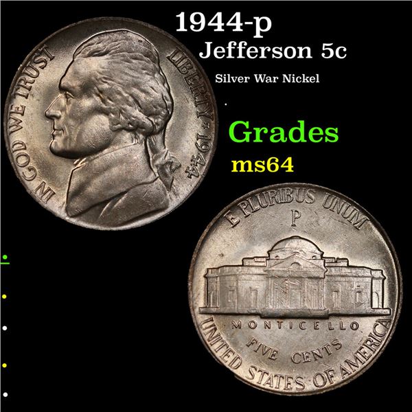 1944-p Jefferson Nickel 5c Grades Choice Unc