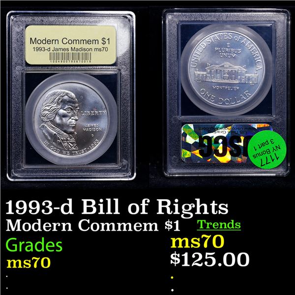 1993-d Bill of Rights Modern Commem Dollar $1 Graded ms70, Perfection BY USCG