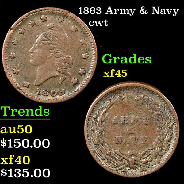 1863 Army & Navy Civil War Token 1c Grades xf+