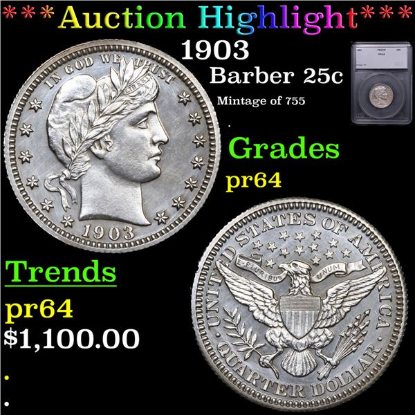 Proof ***Auction Highlight*** 1903 Barber Quarter 25c Graded pr64 BY SEGS (fc)