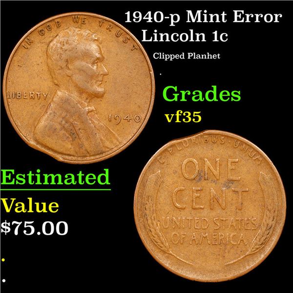 1940-p Lincoln Cent Mint Error 1c Grades vf++
