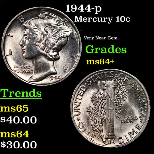 1944-p Mercury Dime 10c Grades Choice+ Unc