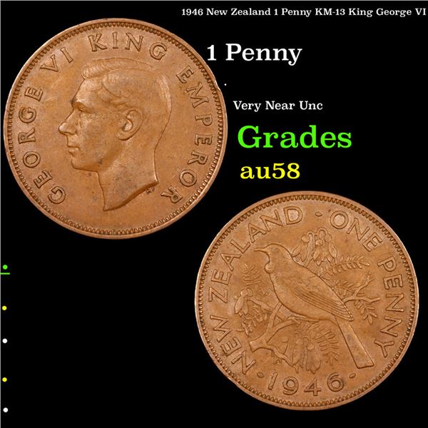 1946 New Zealand 1 Penny KM-13 King George VI Grades Choice AU/BU Slider