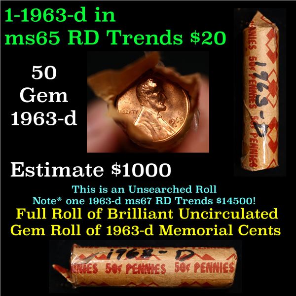 Shotgun Lincoln 1c roll, 1963-d 50 pcs Brandt Wrapper.