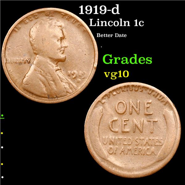1919-d Lincoln Cent 1c Grades vg+
