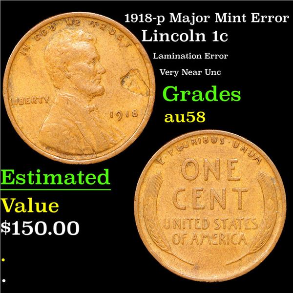 1918-p Lincoln Cent Major Mint Error 1c Grades Choice AU/BU Slider