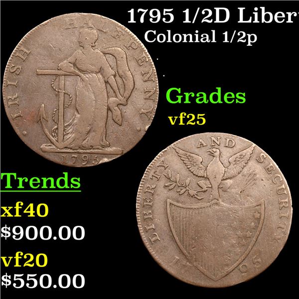 1795 1/2D Liberty & Security, Irish Mule Payable London, Dublin DH-9 Grades vf+