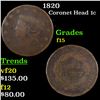 Image 1 : 1820 Coronet Head Large Cent 1c Grades f+