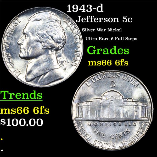 1943-d Jefferson Nickel 5c Grades GEM+ 6fs