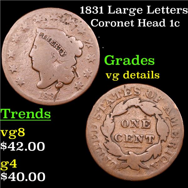 1831 Large Letters Coronet Head Large Cent 1c Grades vg details