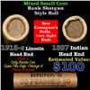 Image 1 : Mixed small cents 1c orig shotgun roll, 1918-s Wheat Cent, 1897 Indian Cent other end, Brinks Wrappe