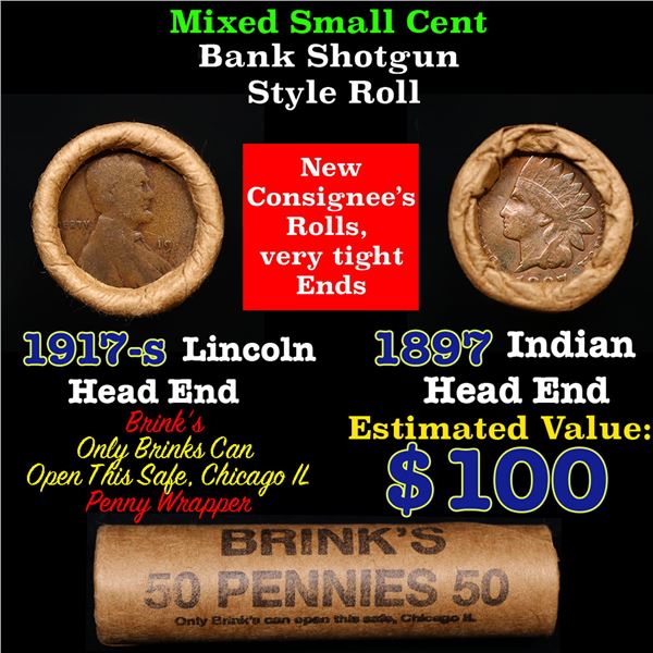 Mixed small cents 1c orig shotgun roll, 1917-s Wheat Cent, 1897 Indian Cent other end, Brinks Wrappe