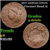 1837 medium letters Coronet Head Large Cent 1c Grades g details