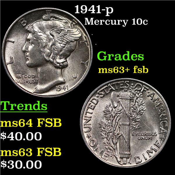 1941-p Mercury Dime 10c Grades Select Unc+ FSB