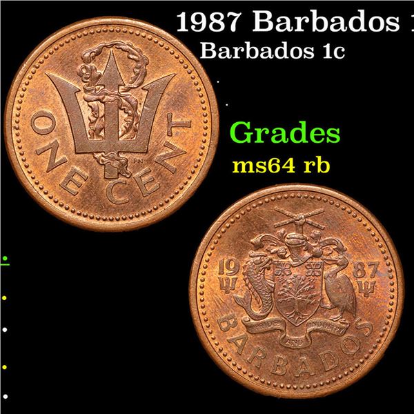 1987 Barbados 1 Cent 1c KM-10 Grades Choice Unc RB