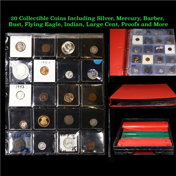 20 Collectible Coins Including Silver, Mercury, Barber, Bust, Flying Eagle, Indian, Large Cent, Proo