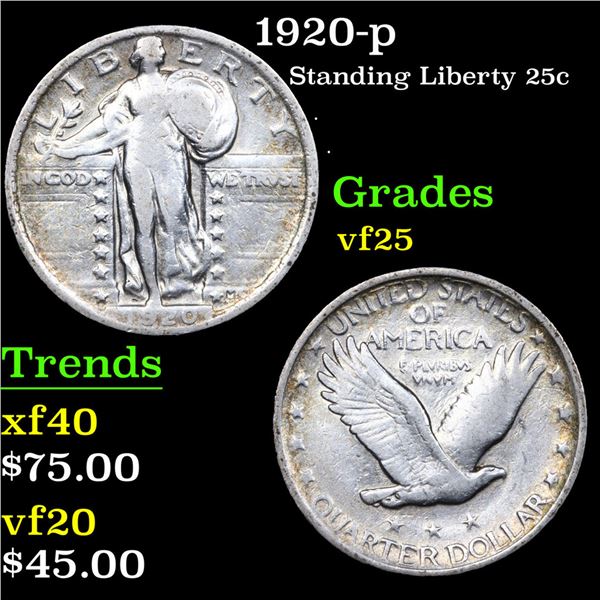 1920-p Standing Liberty Quarter 25c Grades vf+