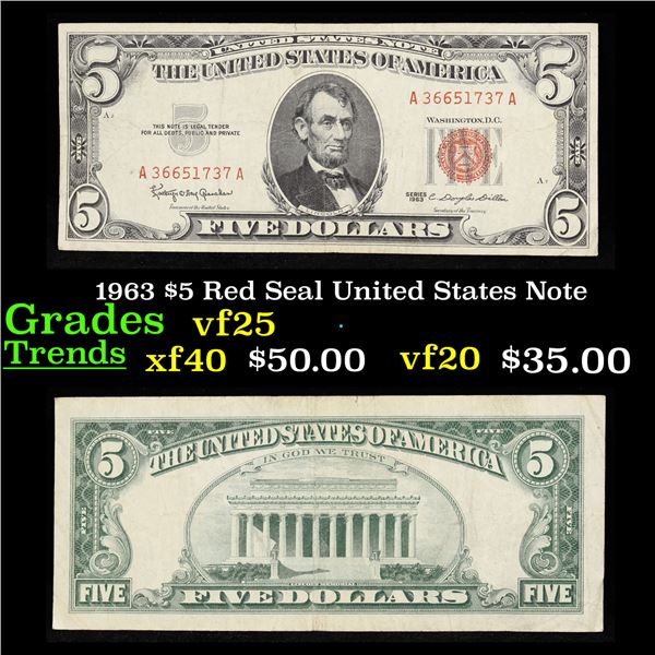 1963 $5 Red Seal United States Note Grades vf+