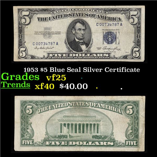 1953 $5 Blue Seal Silver Certificate Grades vf+