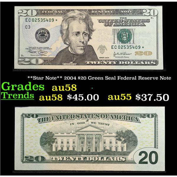 **Star Note** 2004 $20 Green Seal Federal Reserve Note Grades Choice AU/BU Slider