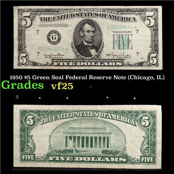 1950 $5 Green Seal Federal Reserve Note (Chicago, IL) Grades vf+