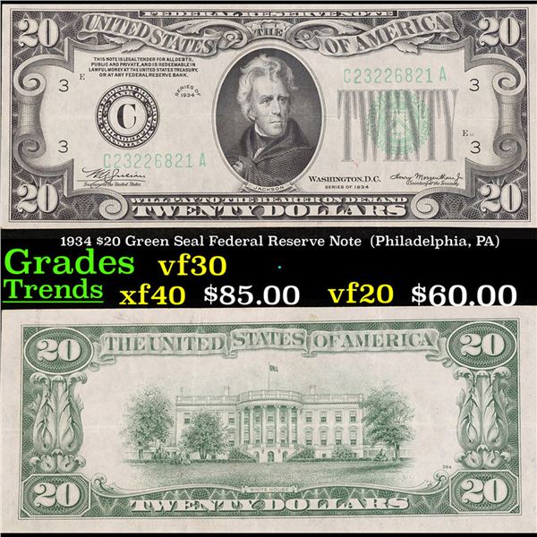 1934 $20 Green Seal Federal Reserve Note  (Philadelphia, PA) Grades vf++