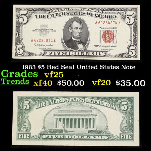 1963 $5 Red Seal United States Note Grades vf+