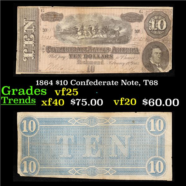 1864 $10 Confederate Note, T68 Grades vf+