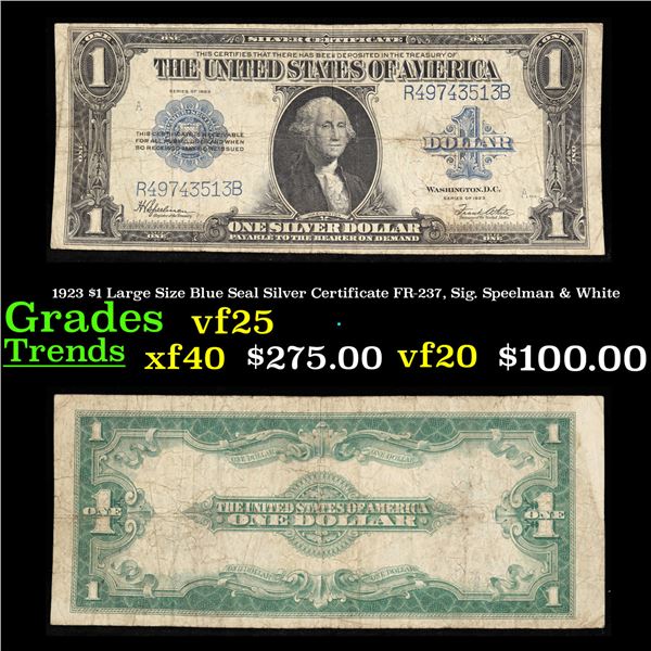1923 $1 Large Size Blue Seal Silver Certificate FR-237, Sig. Speelman & White Grades vf+