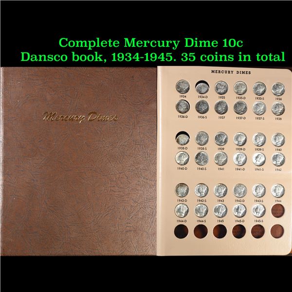 Complete Mercury Dime 10c Dansco book, 1934-1945. 35 coins in total