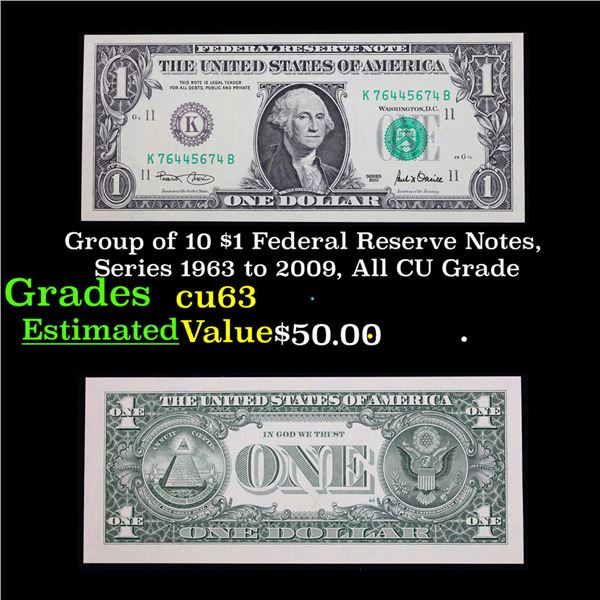 Group of 10 $1 Federal Reserve Notes, Series 1963 to 2009, All CU Grade Grades Select CU