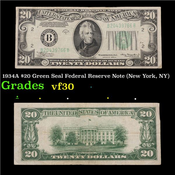 1934A $20 Green Seal Federal Reserve Note (New York, NY) Grades vf++