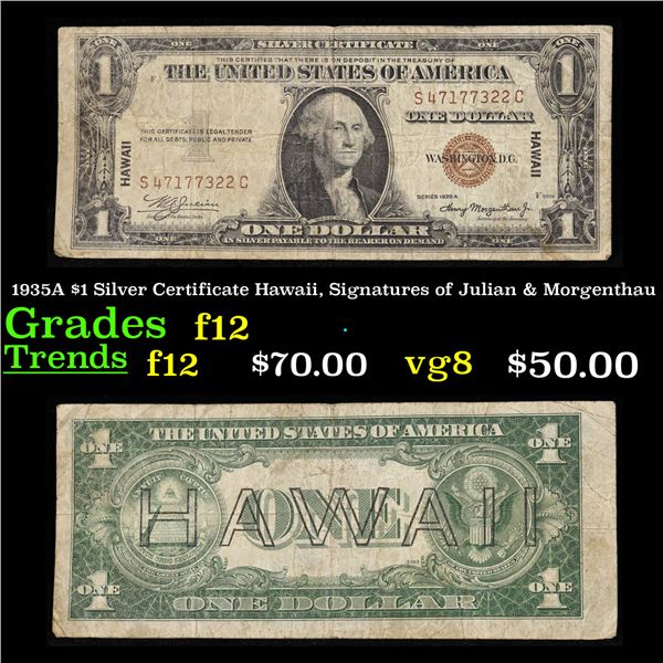 1935A $1 Silver Certificate Hawaii, Signatures of Julian & Morgenthau Grades f, fine