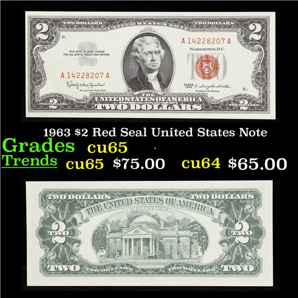 1963 $2 Red Seal United States Note Grades Gem CU