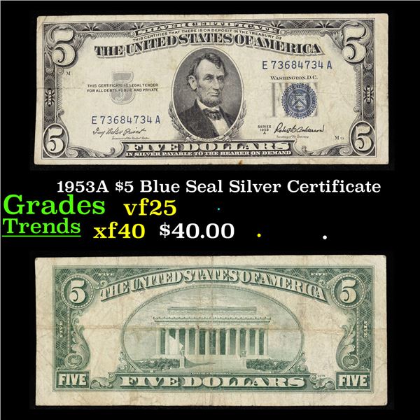 1953A $5 Blue Seal Silver Certificate Grades vf+